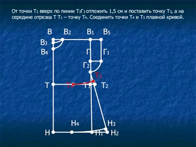 От точки Т2 вверх по линии Т2Г2 отложить 1,5 см и поставить