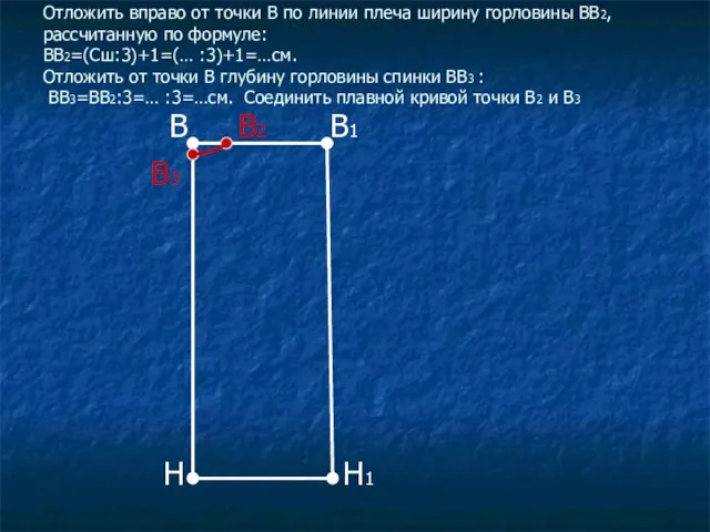 Отложить вправо от точки В по линии плеча ширину горловины ВВ2, рассчитанную