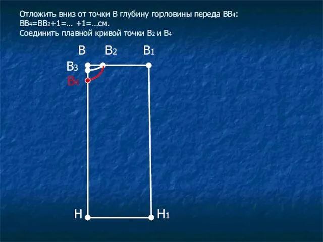 Отложить вниз от точки В глубину горловины переда ВВ4: ВВ4=ВВ2+1=… +1=…см. Соединить