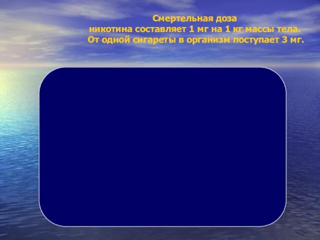 Смертельная доза никотина составляет 1 мг на 1 кг массы тела. От