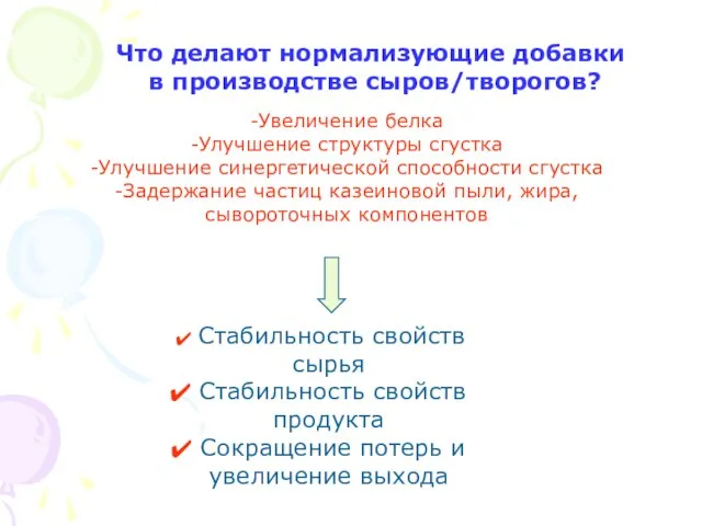 Что делают нормализующие добавки в производстве сыров/творогов? -Увеличение белка -Улучшение структуры сгустка