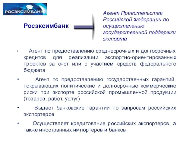 Агент Правительства Российской Федерации по осуществлению государственной поддержки экспорта Росэксимбанк Агент по