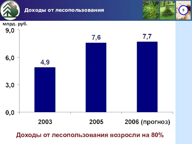 Доходы от лесопользования млрд. руб. Доходы от лесопользования возросли на 80%