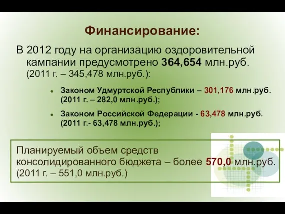 В 2012 году на организацию оздоровительной кампании предусмотрено 364,654 млн.руб. (2011 г.