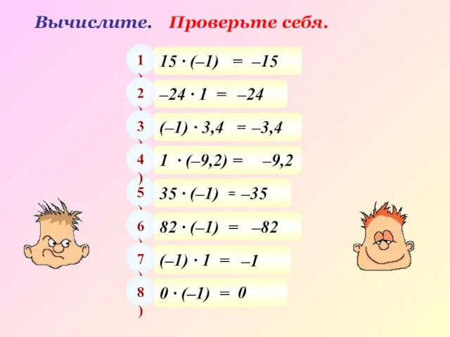 Вычислите. Проверьте себя. 15 · (–1) = 1) –15 –24 · 1