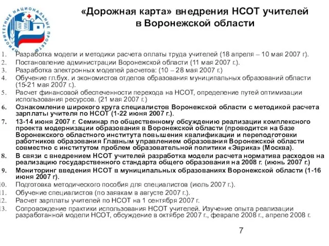 «Дорожная карта» внедрения НСОТ учителей в Воронежской области Разработка модели и методики