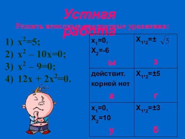 Устная работа Решить неполные квадратные уравнения: х2=5; х2 – 10х=0; х2 – 9=0; 12х + 2х2=0.