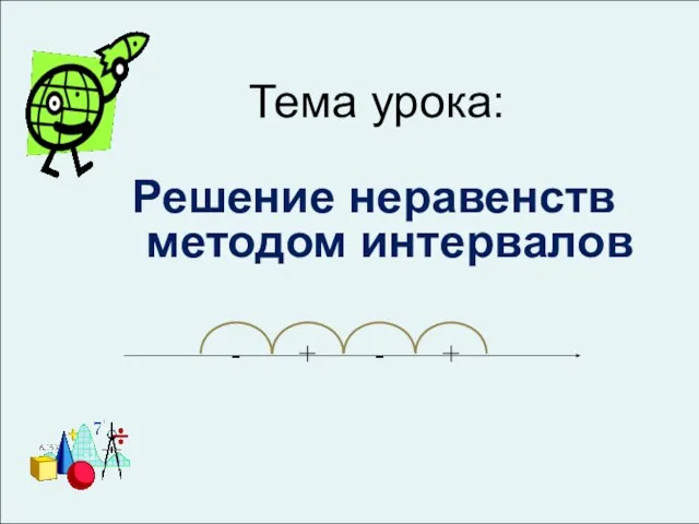 Решение неравенств методом интервалов + - - + Тема урока: