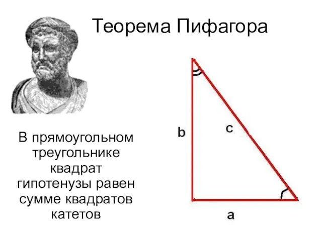 Теорема Пифагора В прямоугольном треугольнике квадрат гипотенузы равен сумме квадратов катетов