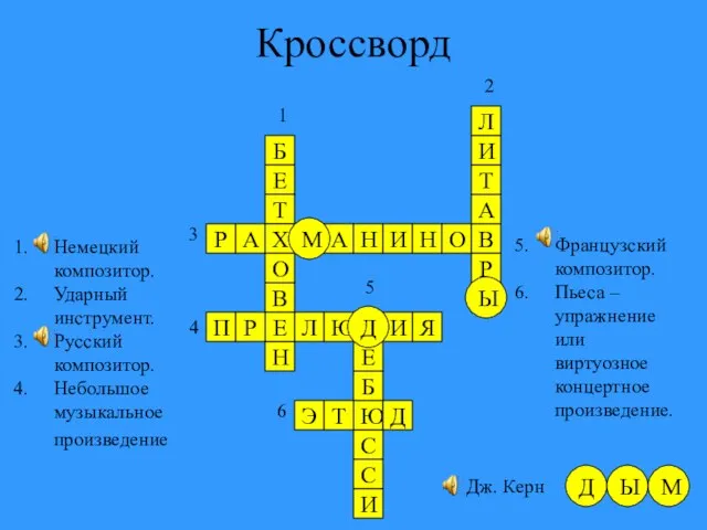 Кроссворд Немецкий композитор. Ударный инструмент. Русский композитор. Небольшое музыкальное произведение А Н