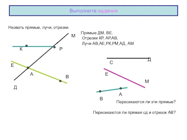 Выполните задания Назвать прямые, лучи, отрезки. Прямые ДМ, ВЕ. Отрезки КР, АР,АВ,