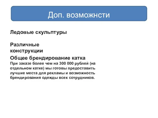 Доп. возможнсти Ледовые скульптуры Различные конструкции Общее брендирование катка При заказе более