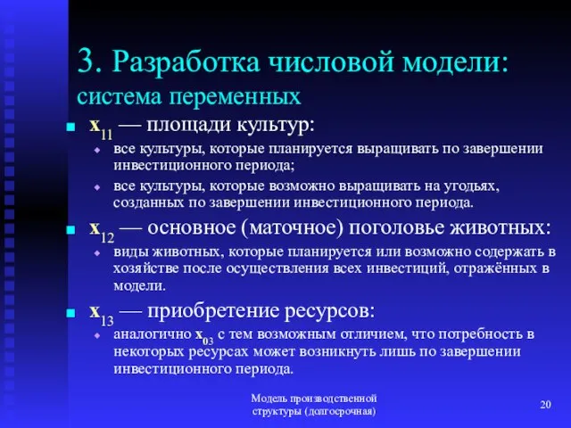 Модель производственной структуры (долгосрочная) 3. Разработка числовой модели: система переменных x11 —