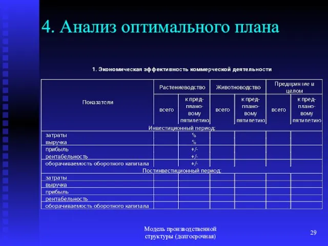 Модель производственной структуры (долгосрочная) 4. Анализ оптимального плана