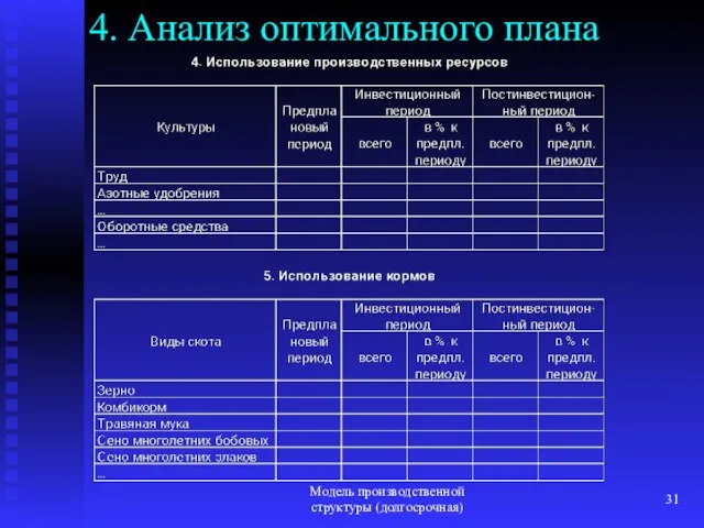 Модель производственной структуры (долгосрочная) 4. Анализ оптимального плана