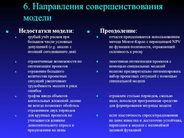 6. Направления совершенствования модели Недостатки модели: грубый учёт рисков при большом числе