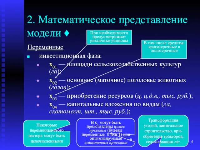 Модель производственной структуры (долгосрочная) 2. Математическое представление модели ♦ Переменные инвестиционная фаза: