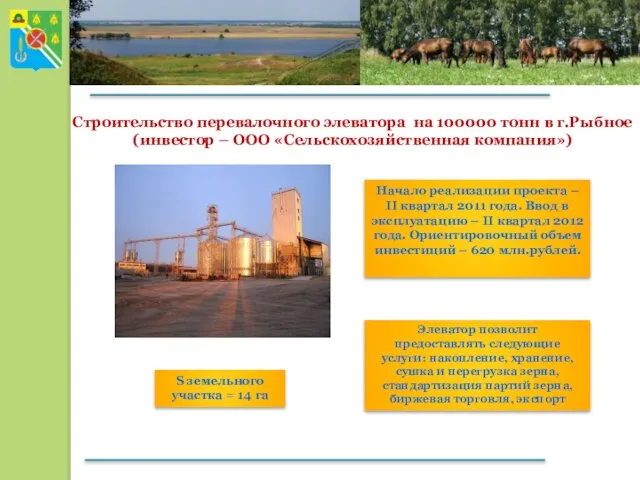 Строительство перевалочного элеватора на 100000 тонн в г.Рыбное (инвестор – ООО «Сельскохозяйственная