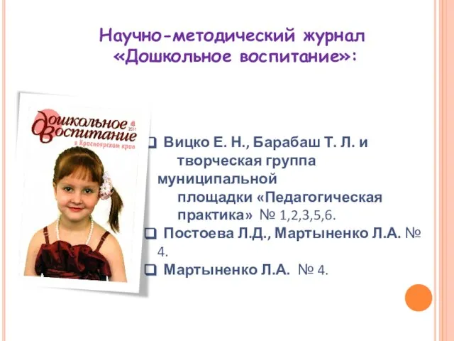 Научно-методический журнал «Дошкольное воспитание»: Вицко Е. Н., Барабаш Т. Л. и творческая