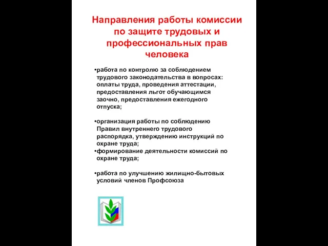 Направления работы комиссии по защите трудовых и профессиональных прав человека работа по