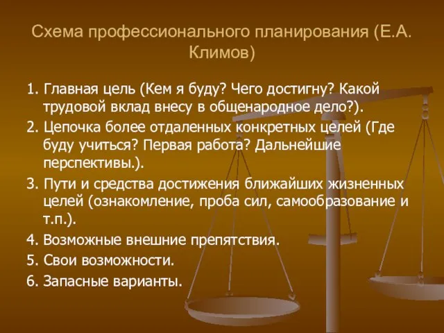 Схема профессионального планирования (Е.А.Климов) 1. Главная цель (Кем я буду? Чего достигну?