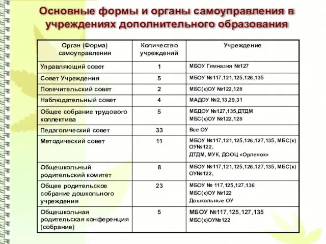 Основные формы и органы самоуправления в учреждениях дополнительного образования