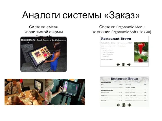 Аналоги системы «Заказ» Система eMenu израильской фирмы Conceptic Система Ergonomic Menu компании Ergonomic Soft (Чехия)