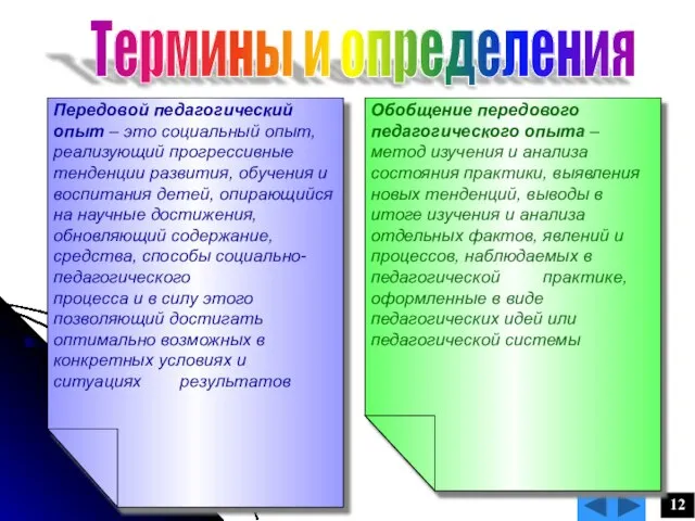 12 Термины и определения Передовой педагогический опыт – это социальный опыт, реализующий