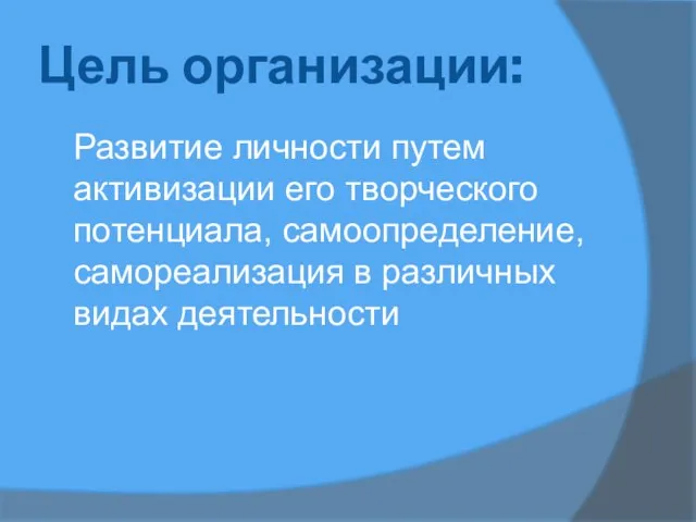 Цель организации: Развитие личности путем активизации его творческого потенциала, самоопределение, самореализация в различных видах деятельности