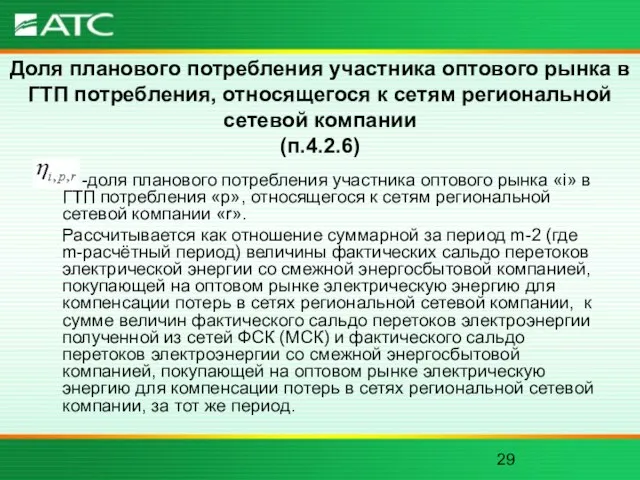 Доля планового потребления участника оптового рынка в ГТП потребления, относящегося к сетям