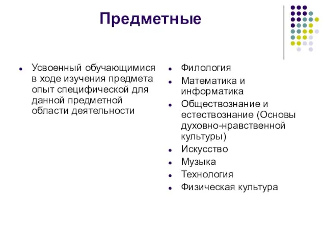 Предметные Усвоенный обучающимися в ходе изучения предмета опыт специфической для данной предметной