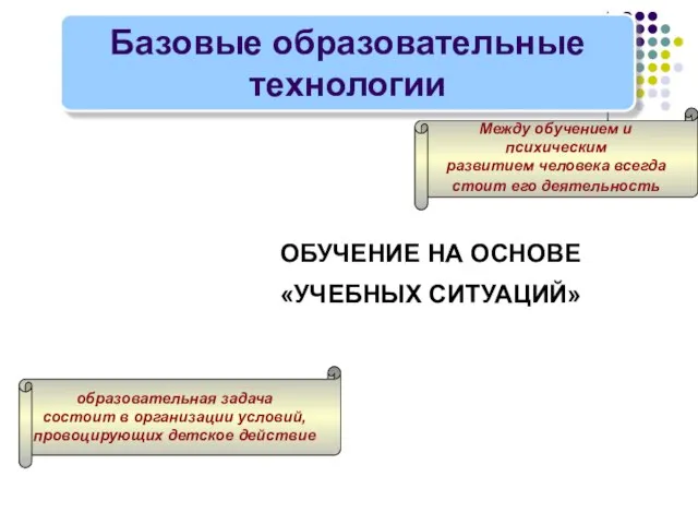 ОБУЧЕНИЕ НА ОСНОВЕ «УЧЕБНЫХ СИТУАЦИЙ» Базовые образовательные технологии Между обучением и психическим