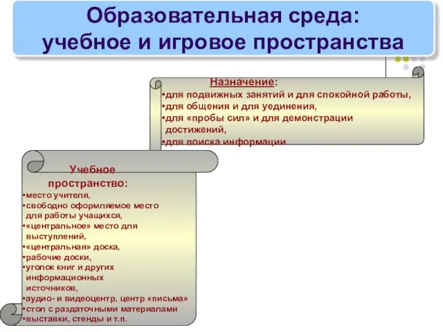 Образовательная среда: учебное и игровое пространства Назначение: для подвижных занятий и для