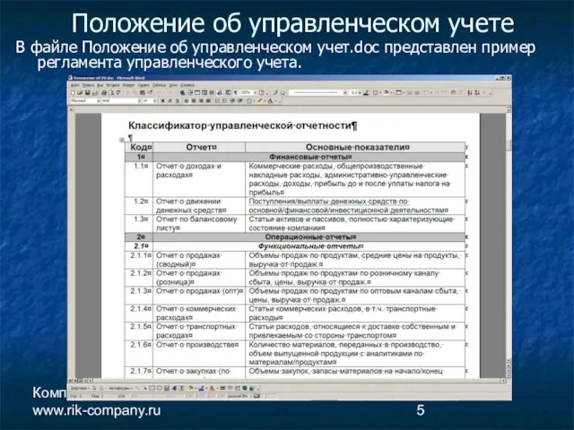 Компания РиК www.rik-company.ru Положение об управленческом учете В файле Положение об управленческом