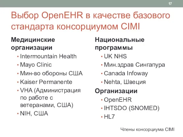 Выбор OpenEHR в качестве базового стандарта консорциумом CIMI Медицинские организации Intermountain Health