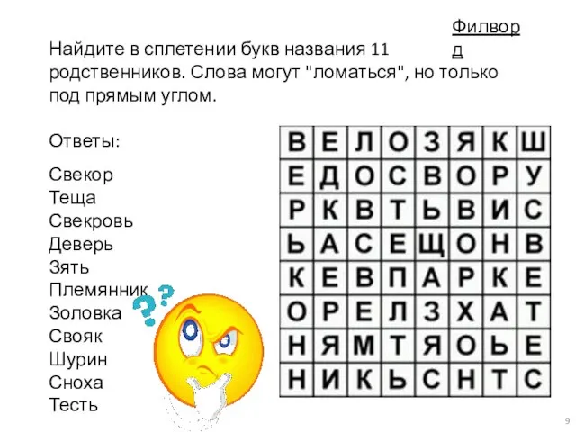 Найдите в сплетении букв названия 11 родственников. Слова могут "ломаться", но только