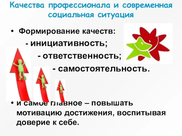 Качества профессионала и современная социальная ситуация Формирование качеств: - инициативность; - ответственность;