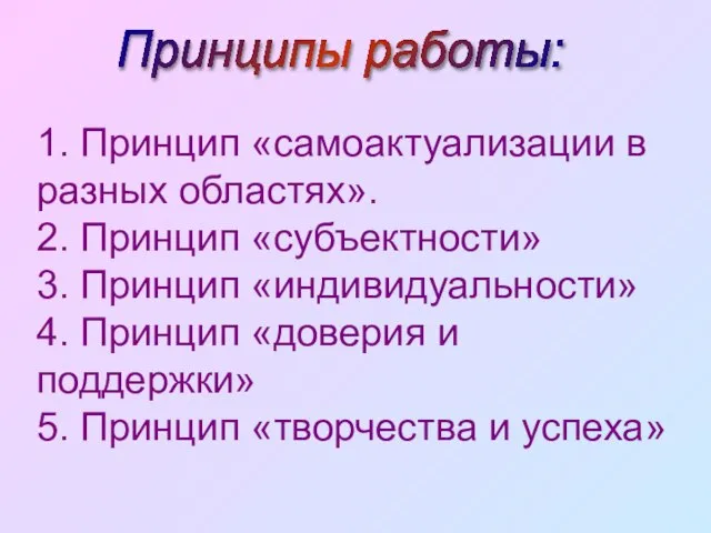 1. Принцип «самоактуализации в разных областях». 2. Принцип «субъектности» 3. Принцип «индивидуальности»