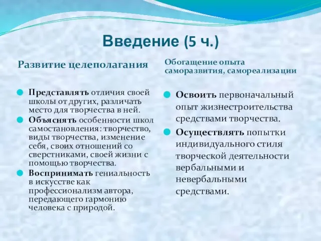 Введение (5 ч.) Развитие целеполагания Обогащение опыта саморазвития, самореализации Представлять отличия своей