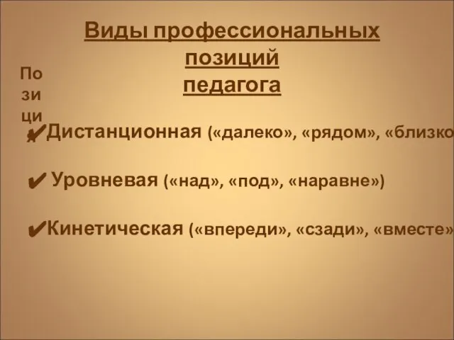 Виды профессиональных позиций педагога Позиция Дистанционная («далеко», «рядом», «близко») Уровневая («над», «под»,