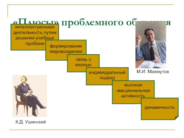 «Плюсы» проблемного обучения интеллектуальная деятельность путем решения учебных проблем формирование мировоззрения связь