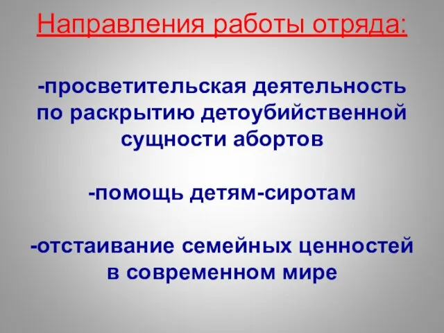 Направления работы отряда: -просветительская деятельность по раскрытию детоубийственной сущности абортов -помощь детям-сиротам