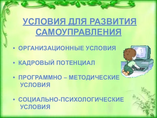 УСЛОВИЯ ДЛЯ РАЗВИТИЯ САМОУПРАВЛЕНИЯ ОРГАНИЗАЦИОННЫЕ УСЛОВИЯ КАДРОВЫЙ ПОТЕНЦИАЛ ПРОГРАММНО – МЕТОДИЧЕСКИЕ УСЛОВИЯ СОЦИАЛЬНО-ПСИХОЛОГИЧЕСКИЕ УСЛОВИЯ