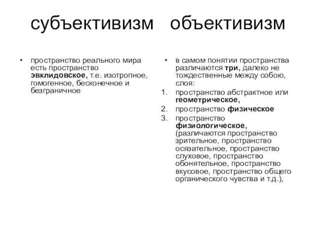 субъективизм объективизм пространство реального мира есть пространство эвклидовское, т.е. изотропное, гомогенное, бесконечное