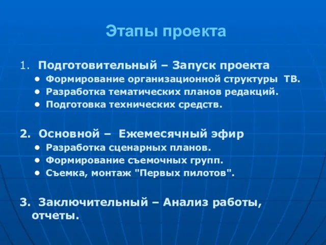 Этапы проекта 1. Подготовительный – Запуск проекта Формирование организационной структуры ТВ. Разработка