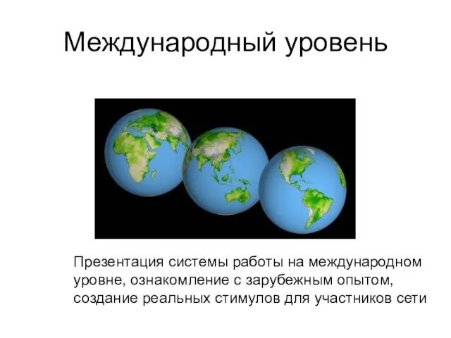 Международный уровень Презентация системы работы на международном уровне, ознакомление с зарубежным опытом,