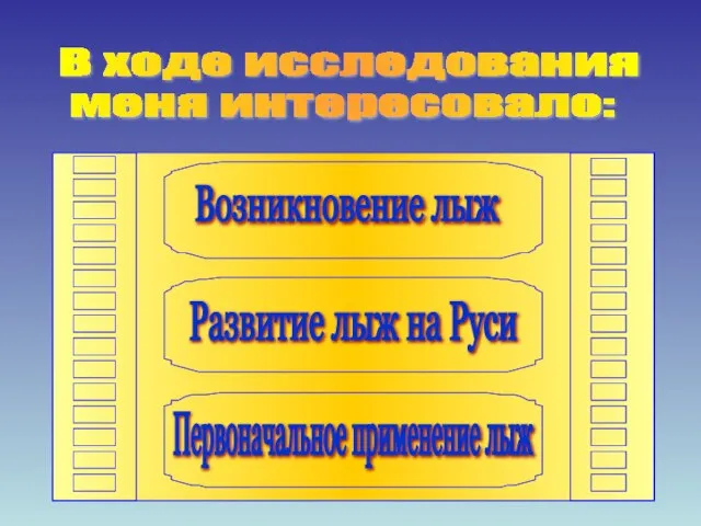 В ходе исследования меня интересовало: Возникновение лыж Развитие лыж на Руси Первоначальное применение лыж