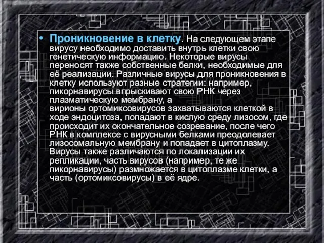 Проникновение в клетку. На следующем этапе вирусу необходимо доставить внутрь клетки свою