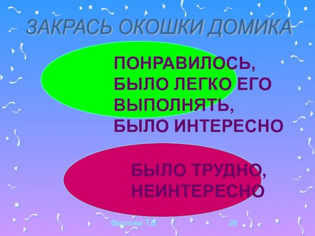 Фролова Т.В. ПОНРАВИЛОСЬ, БЫЛО ЛЕГКО ЕГО ВЫПОЛНЯТЬ, БЫЛО ИНТЕРЕСНО БЫЛО ТРУДНО, НЕИНТЕРЕСНО ЗАКРАСЬ ОКОШКИ ДОМИКА