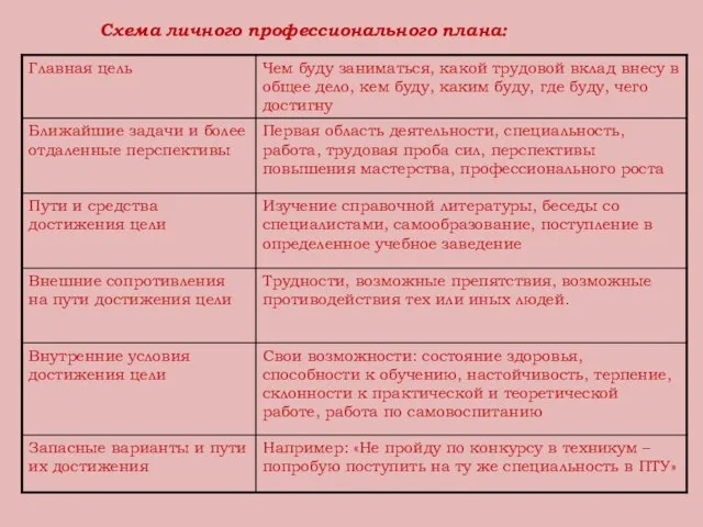 Схема личного профессионального плана: